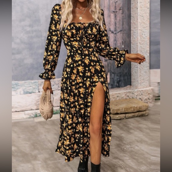 Boho floral print square neck slit thigh maxi dress - Picture 5 of 13